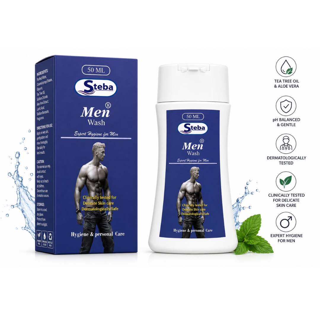 Men Wash bottle and carton with key benefit icons — tea tree oil, pH balanced, dermatologically tested