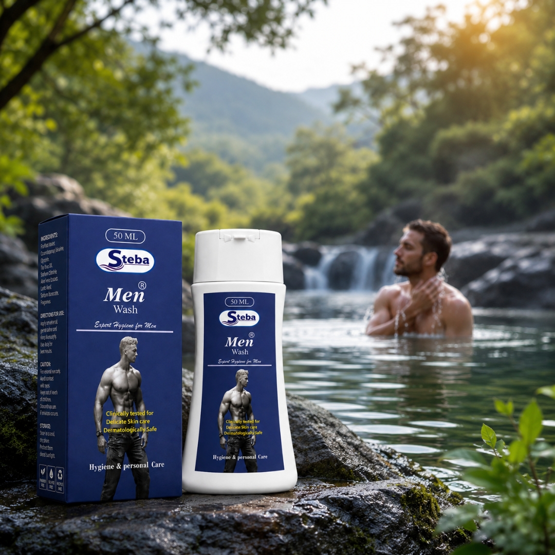Men Wash bottle and box on a rock beside a natural waterfall