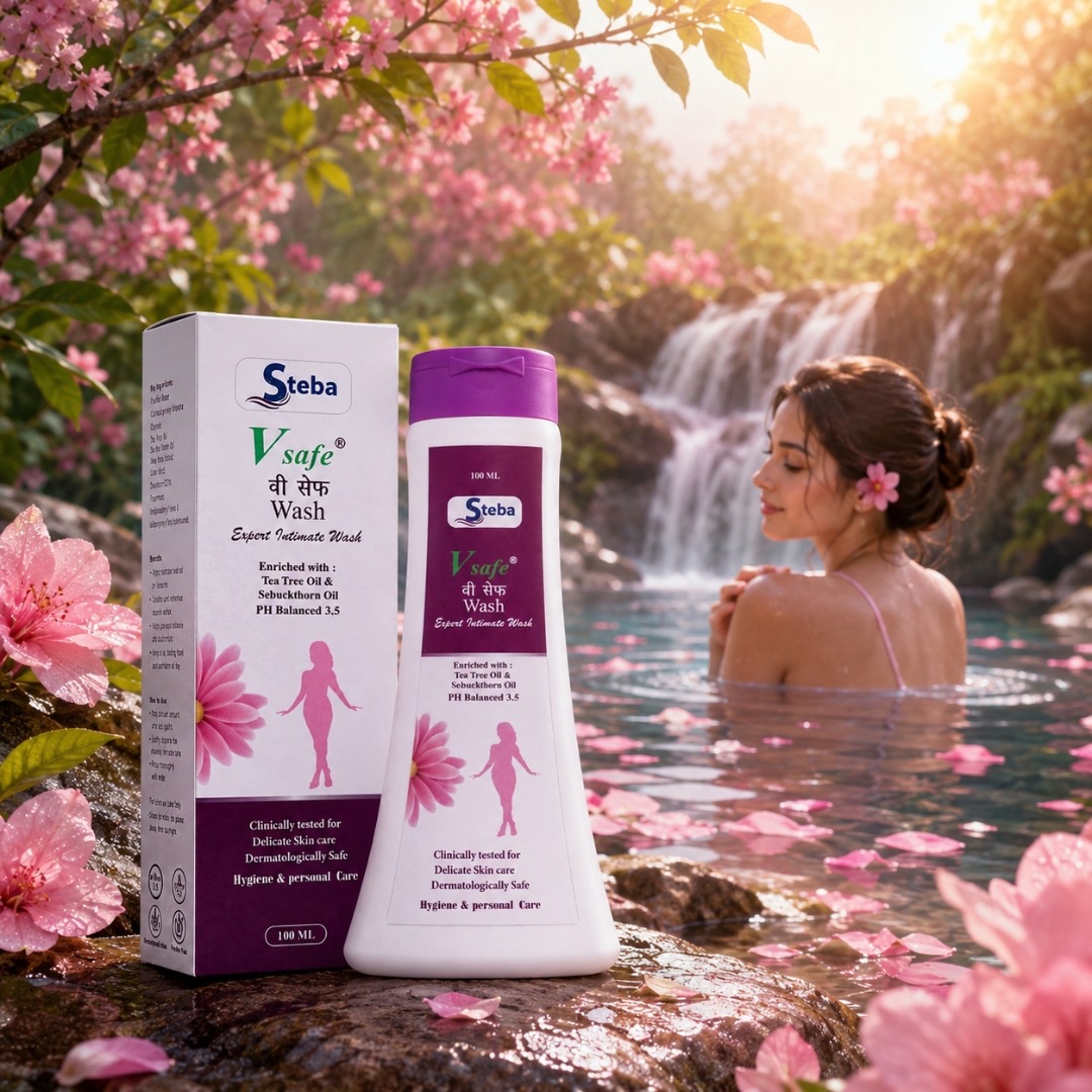 V Safe Wash bottle and carton beside a natural waterfall